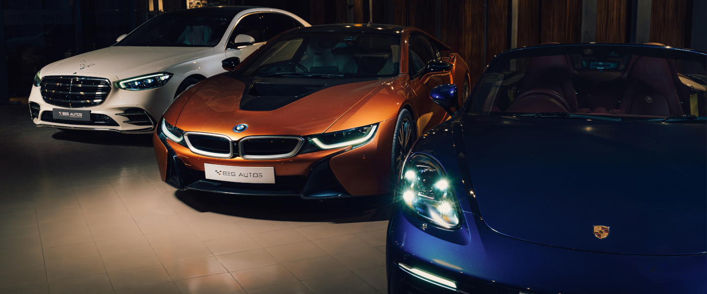 Luxury cars in showroom